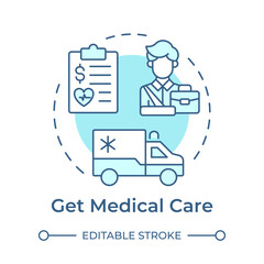 Get medical care soft blue concept icon. Workplace injury, healthcare. Insurance service. Round shape line illustration. Abstract idea. Graphic design. Easy to use in infographic, presentation