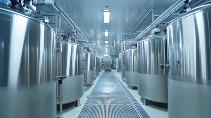 Fototapeta premium Modern Plant-Based Food Factory with Stainless Steel Vats and Advanced Equipment