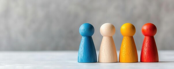 Colorful wooden game pieces lined up on a table, representing teamwork, strategy, and board games in a minimalist setting.