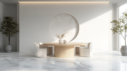 "Minimalist dining room interior featuring a white marble floor, wooden dining table, sofa chairs, and a circular table with ceramic flooring. 3D rendering."








