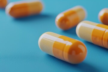 macro yellow capsules on a blue background