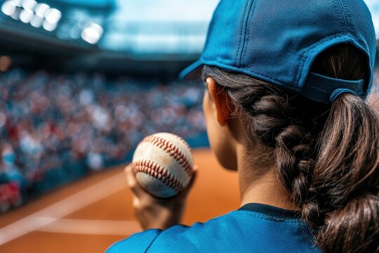 A female baseball player wearing a blue cap and shirt is seen from behind, preparing to pitch a baseball on an outdoor field, with the stadium crowd blurred in the background.