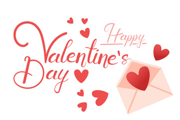Horizontal banner with Happy Valentine's Day lettering. Postal envelope with a heart, red hearts fly around. Greetings card design. Vector illustration isolated on white background