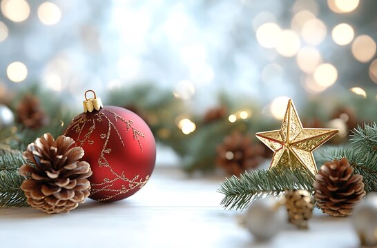 3D render of a Christmas garland with a red ball and golden star hanging on a white table