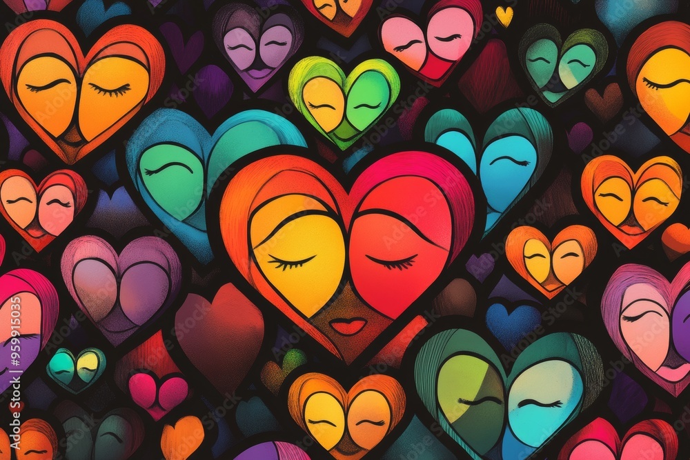 Wall mural A vibrant and colorful pattern of hearts, each in different shades. 