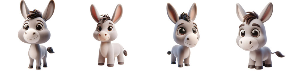 Set of 3D rendered illustration cartoon Donkey isolated on white and Transparent Background