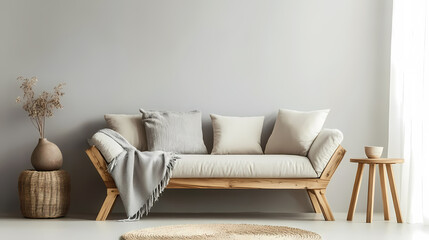 Elegant minimalist living room with natural light and cozy decor