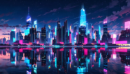 Obraz premium A vibrant 3D depiction of a futuristic city skyline reflected in a giant, still lake, with neon lights and holographic billboards, symbolizing the harmony between advanced technology and nature.