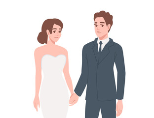 Fototapeta premium Wedding couple. Bride in white dress and Groom in blue suit holding each other hands. Wedding ceremony. Cartoon characters design. Vector illustration isolated on white background