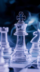 Ethereal chess scene with glass pieces on a blurred background