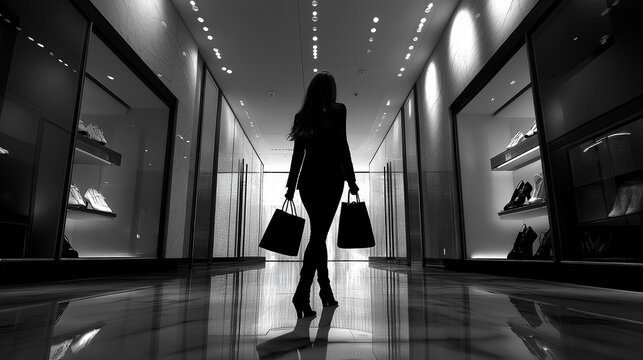 A Stylish Shopper Enjoying a Luxurious Retail Experience in a Modern Boutique at Dusk