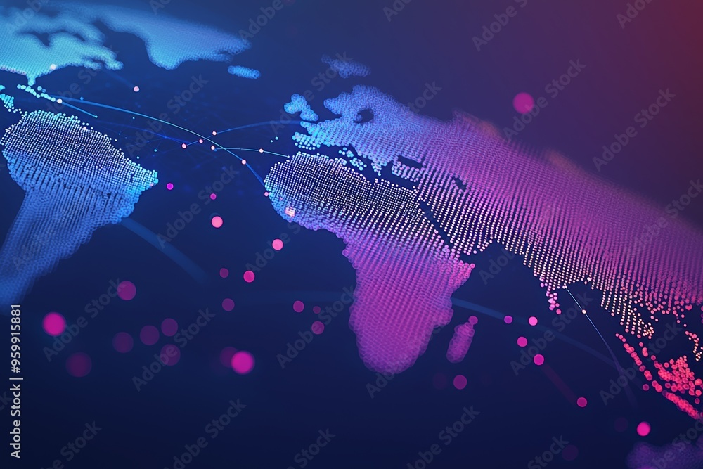 Poster a world map in the form of a starry sky or space. points, lines, and shapes resembling planets, star