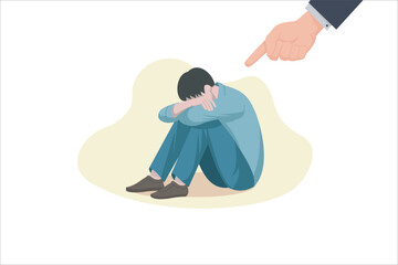 Depressed sad lonely young man in anxiety, Loneliness concept of depression with stressed young man sitting and holding her knees need psychotherapy help. vector illustration.