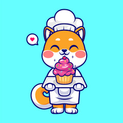 Obraz premium Cute Chef Shiba Inu Dog Cooking Cake Cartoon Vector Icon Illustration. Animal Food Icon Concept Isolated Premium Vector. Flat Cartoon Style 