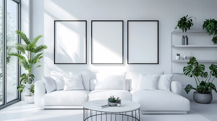 Stylish modern living room with empty frames and natural light.