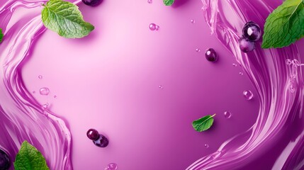 Vivid Purple Background With Swirling Grape Juice And Mint Leaves For Fresh-Themed Product Displays . Generative ai
