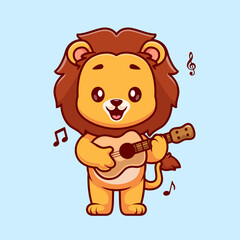 Obraz premium Cute Lion Playing Guitar Cartoon Vector Icon Illustration. Animal Music Icon Concept Isolated Premium Vector. Flat Cartoon Style