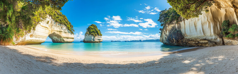 Naklejka premium A breathtaking panoramic view of a white sand beach with turquoise water, framed by limestone cliffs and lush greenery under a clear blue sky.