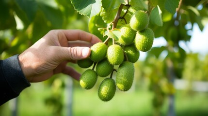Hand selecting fresh green kiwifruit in a sunlit orchard during the harvest season