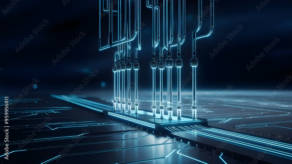 Poster futuristic circuit board with central processor. a captivating image of a complex circuit board, sho