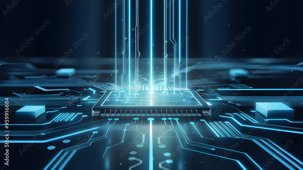 Fototapete futuristic circuit board with central processor. a captivating image of a complex circuit board, sho
