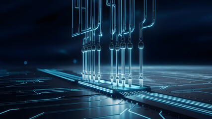 Futuristic Circuit Board with Central Processor. A captivating image of a complex circuit board, showcasing intricate pathways and glowing blue lines.
