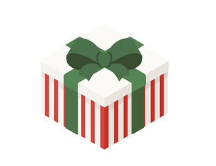 Gift box in isometric style. Surprise present with green bow and ribbon. Stripped wrapping box. Vector illustration isolated on white background
