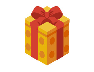 Gift box in isometric style. Surprise present with red bow and ribbon. Yellow wrapping box. Vector illustration isolated on white background
