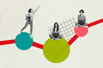 Collage image artwork sketch of successful young girls colleagues working together isolated on drawing background