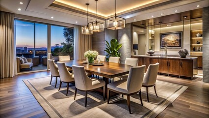 Fototapeta premium In a modern Las Vegas residence, a stylish dining room features beautiful furniture and warm accent lighting, perfect