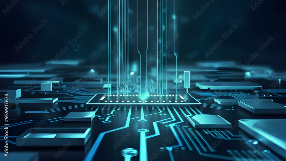 Poster futuristic circuit board with central processor. a captivating image of a complex circuit board, sho