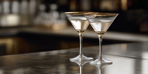 Two martini glasses with gold rims on a table.
