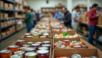 Busy community food bank with neatly arranged canned goods, warm lighting.