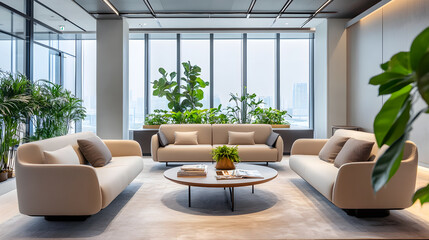Fototapeta premium Modern office lounge with sleek furniture and large windows, natural light and soft ambient lighting