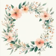 Beautiful floral wreath featuring soft pink flowers and delicate leaves, perfect for invitations and decorative designs.