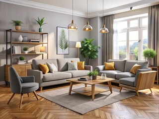 Fototapeta premium In a stylish apartment, a comfortable couch, matching armchair, and low-slung coffee table create a relaxing atmosphere