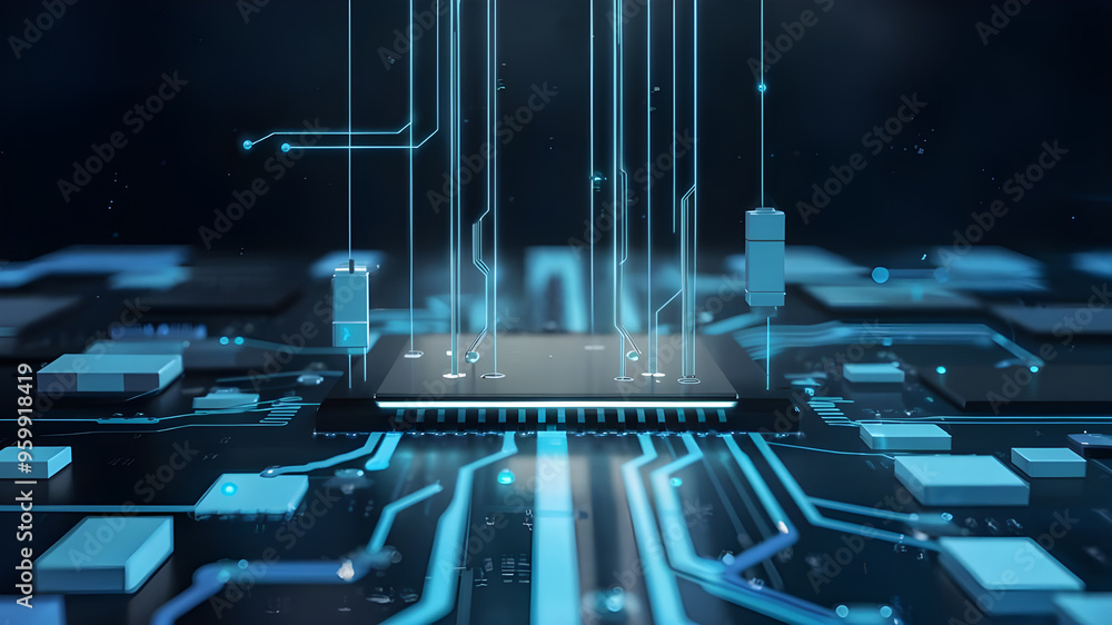 Fototapete futuristic circuit board with central processor. a captivating image of a complex circuit board, sho