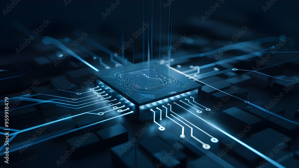 Fototapete futuristic circuit board with central processor. a captivating image of a complex circuit board, sho