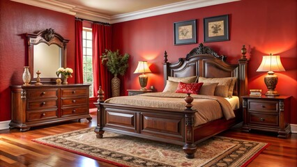 In a warm red bedroom, a mahogany queen bed and accompanying nightstands and dresser exude elegance and coziness.