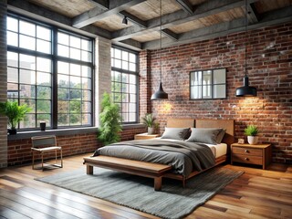 Industrial-chic meets cozy comfort in this loft bedroom, where wooden furniture and exposed brick walls harmonize with