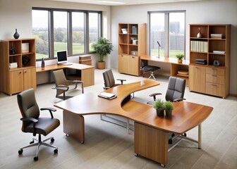 Used office furniture from boomerang shaped shelf to desks and chairs