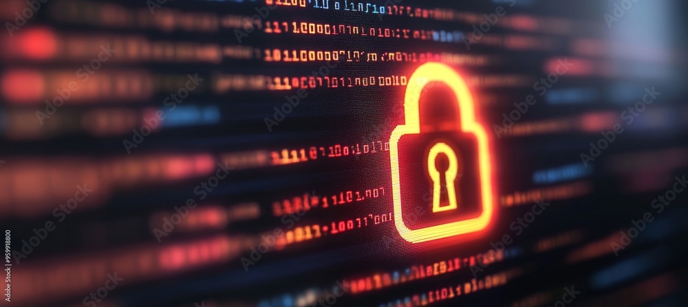 Poster red glowing padlock icon on digital screen with code, cybersecurity and data protection concept