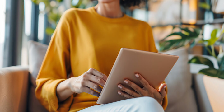 Close up of woman using tablet computer for work to read and email, sitting on armchair in office
