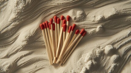 Wooden matches with red tips are spread out on sand with wavy patterns. The arrangement highlights the contrast between the straight lines of the matches and the natural curves of the sand.