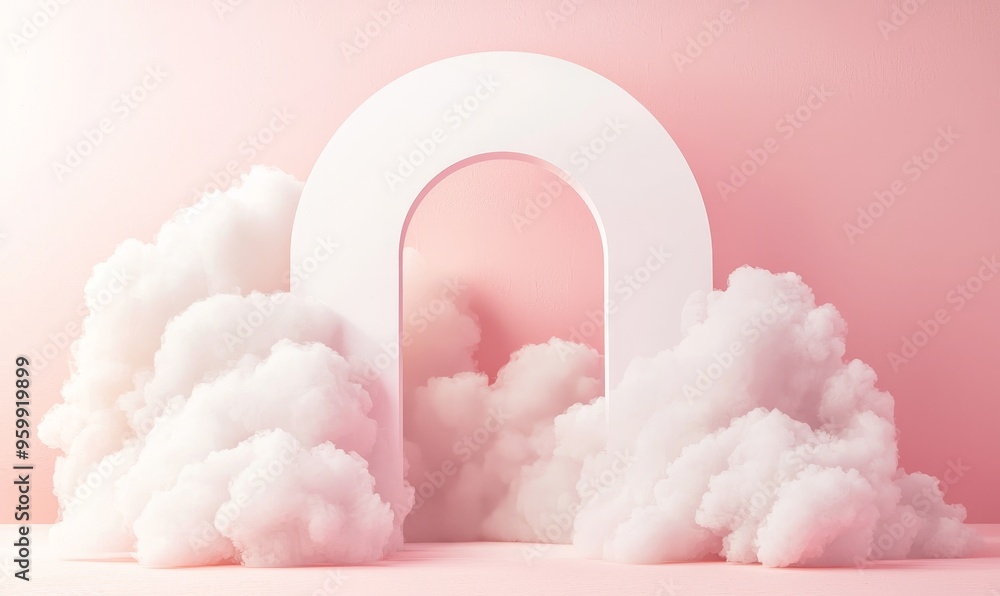 Poster a three-dimensional mockup of a podium in a mid-century style with an abstract minimalistic arch in 