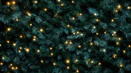 A dark green pine tree wall with small white lights Christmas background