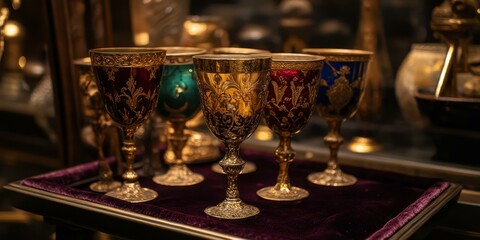 Fototapeta premium Ornate golden goblets on maroon velvet tray.