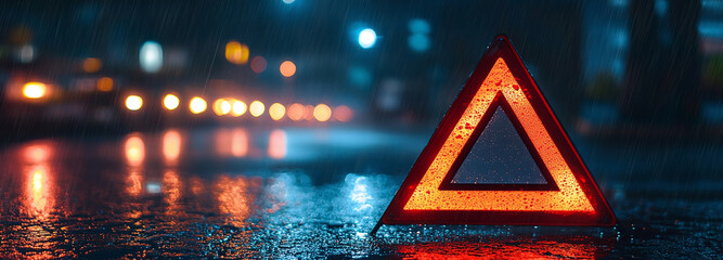 Red Emergency Triangle Reflecting in the Rain at Night