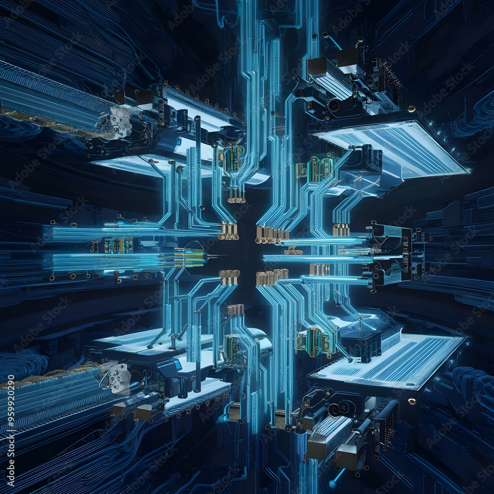 Poster futuristic circuit board with central processor. a captivating image of a complex circuit board, sho
