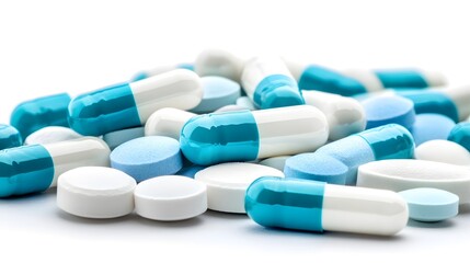 Dual-Tone Pharmaceutical Array: Light Blue and off-White Pills on Sterile Background, Emphasizing Medicinal Range